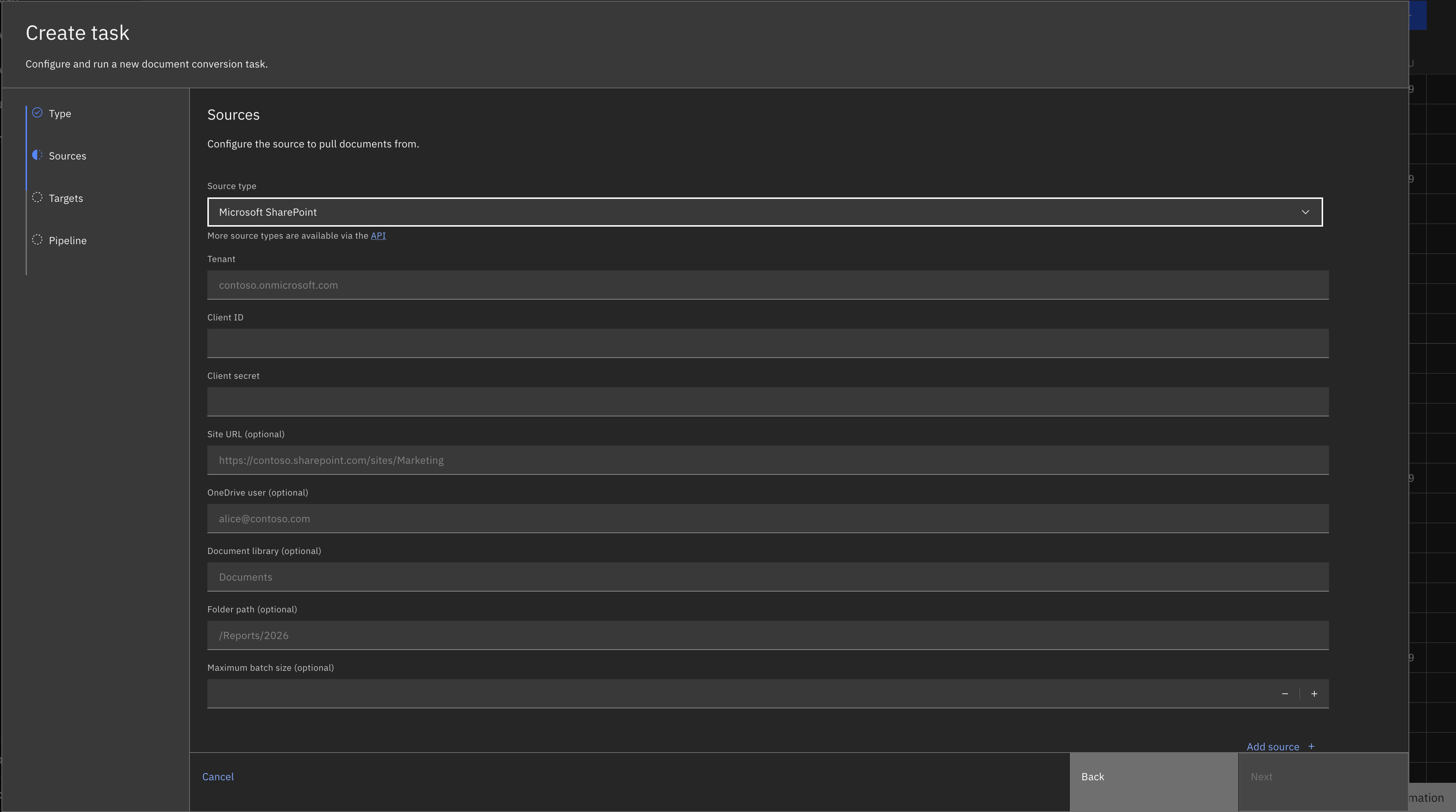 SharePoint Source Task Configuration