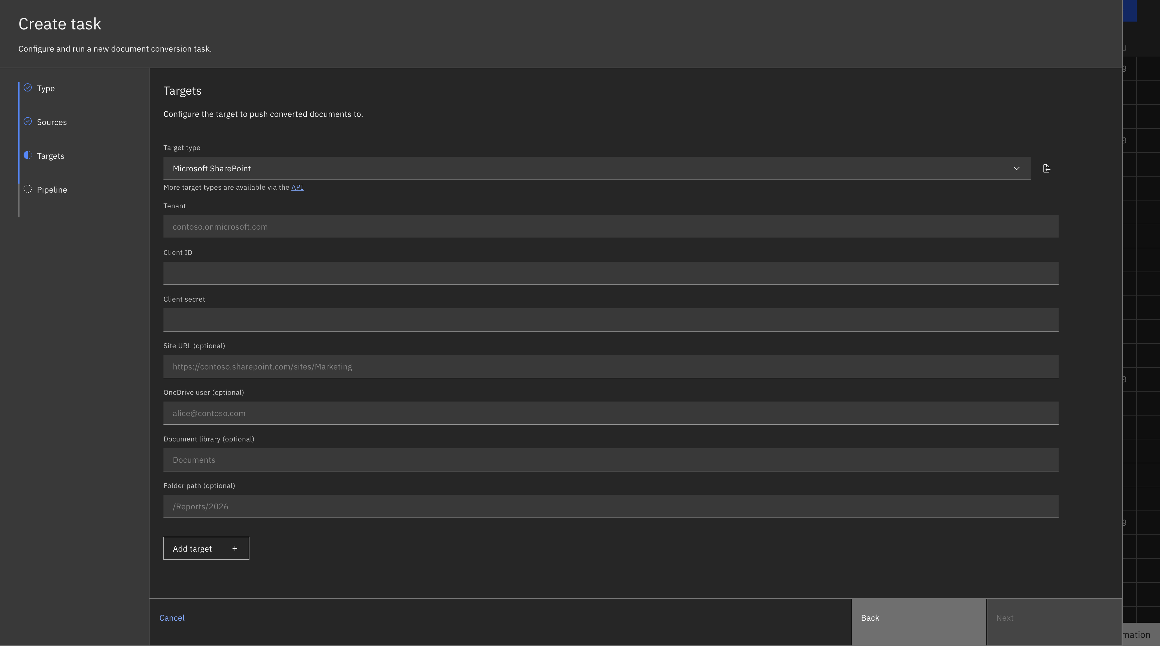 SharePoint Target Task Configuration